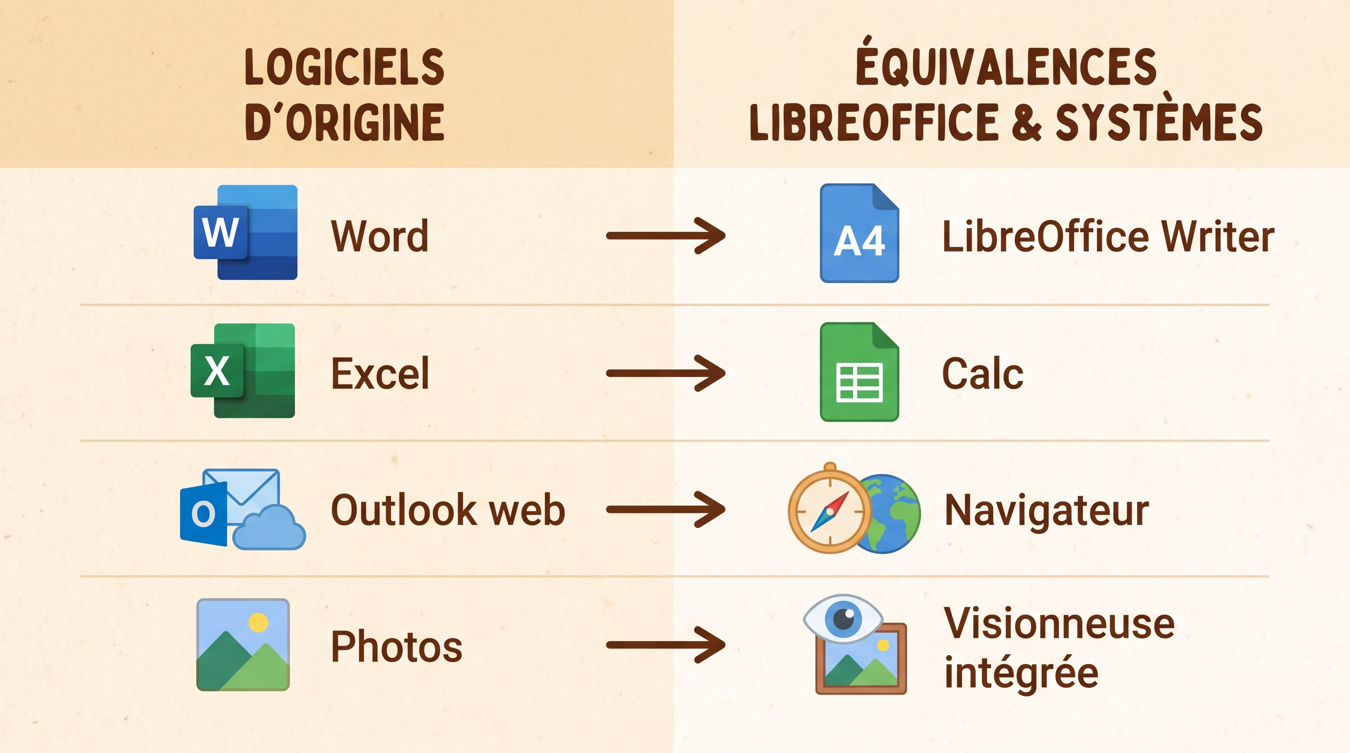 Tableau visuel des équivalences : Word → LibreOffice Writer, Excel → Calc, Outlook web → navigateur, Photos → visionneuse intégrée. Icônes simples et lisibles.
