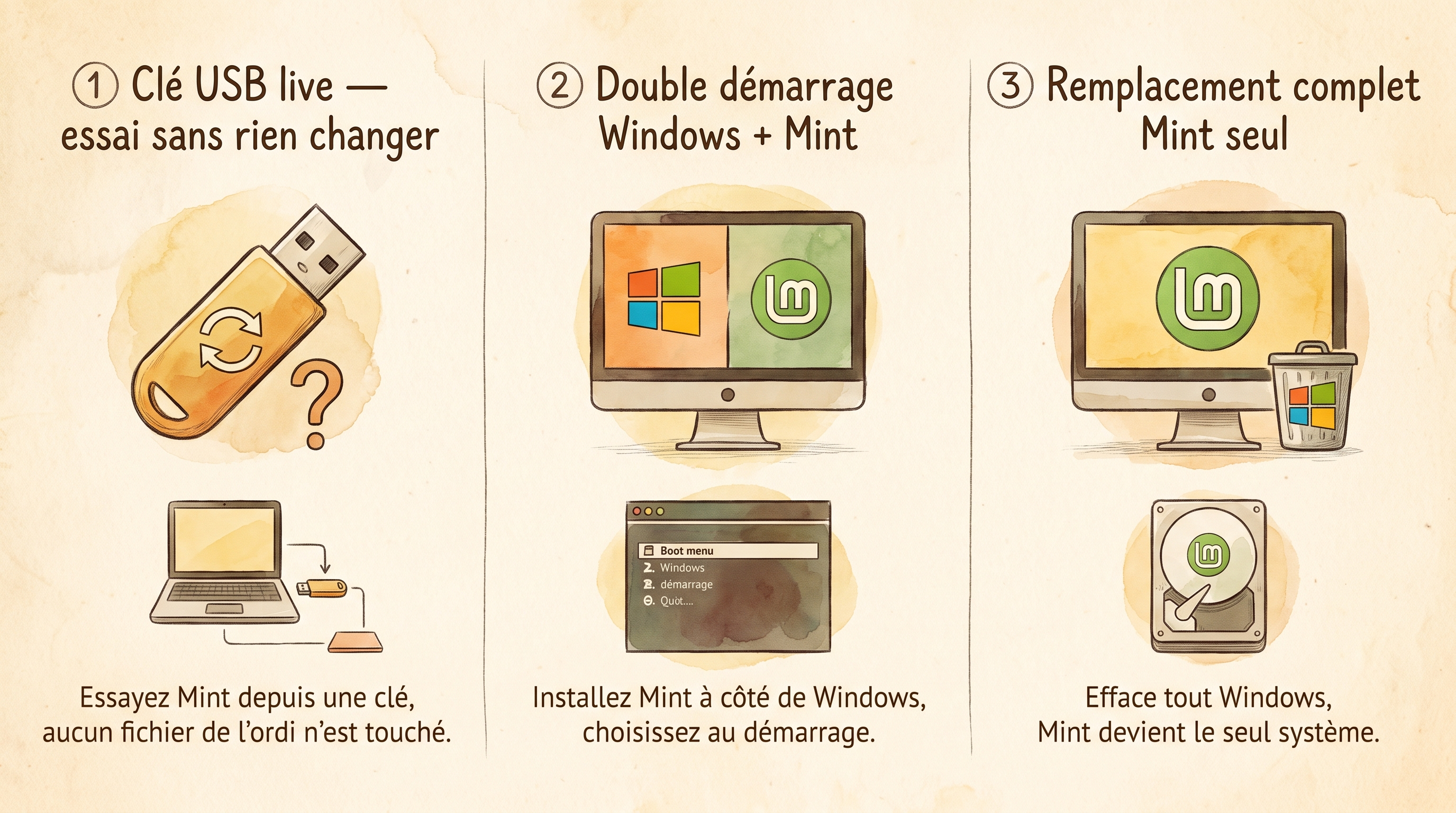 Schéma des trois méthodes côte à côte : clé USB live (essai sans rien changer), double démarrage (Windows + Mint), remplacement complet (Mint seul). Chaque option avec une icône simple et un libellé.