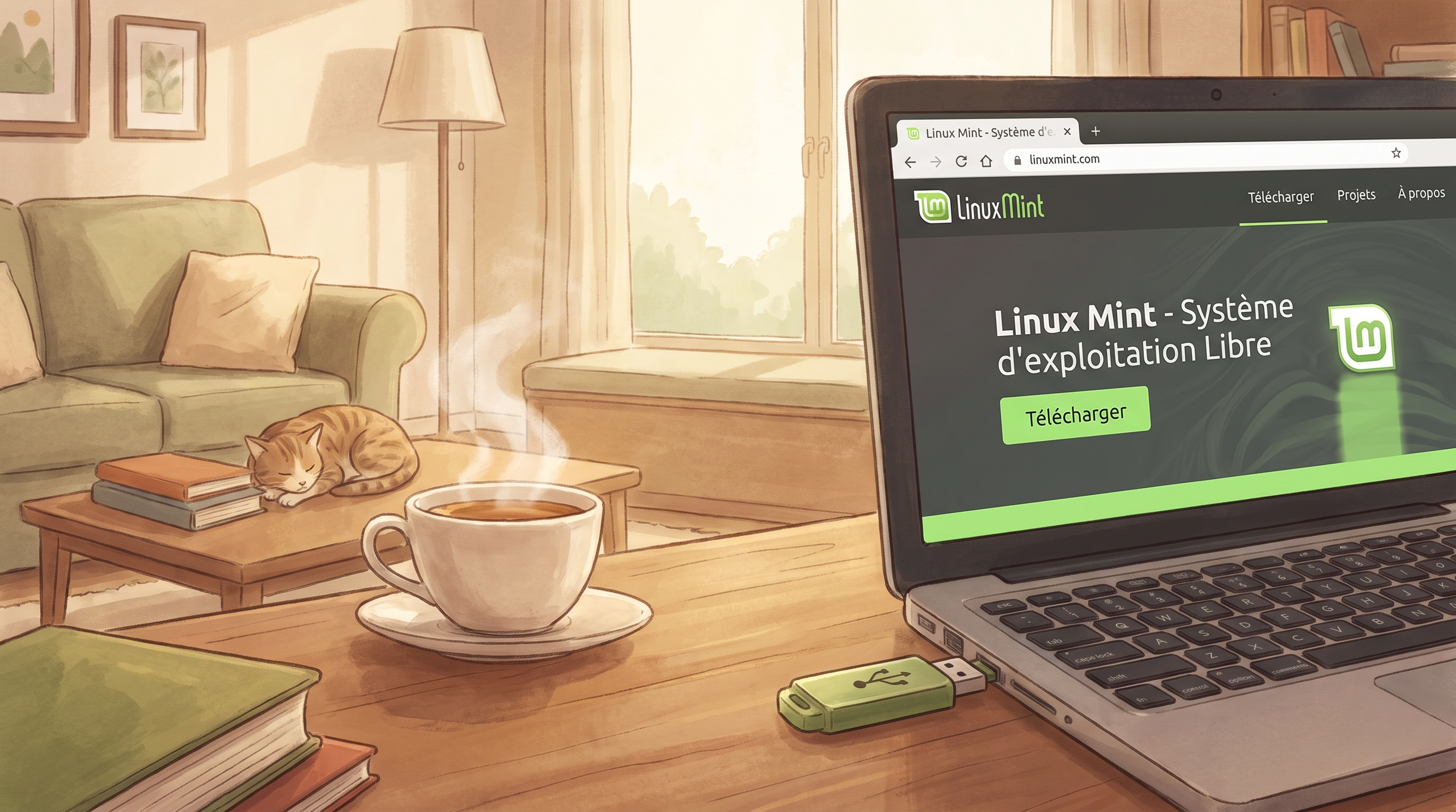 Photo d'une clé USB branchée sur un ordinateur portable, avec à l'écran le site linuxmint.com — contexte domestique, simple.