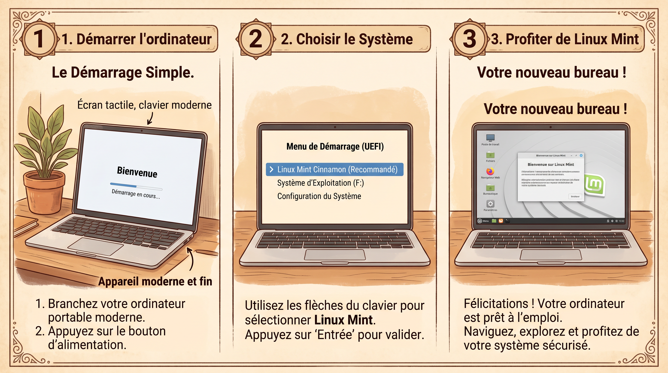 Séquence de 3 images : ordinateur qui démarre, menu de démarrage avec choix Linux Mint, bureau Linux Mint Cinnamon fraîchement installé.
