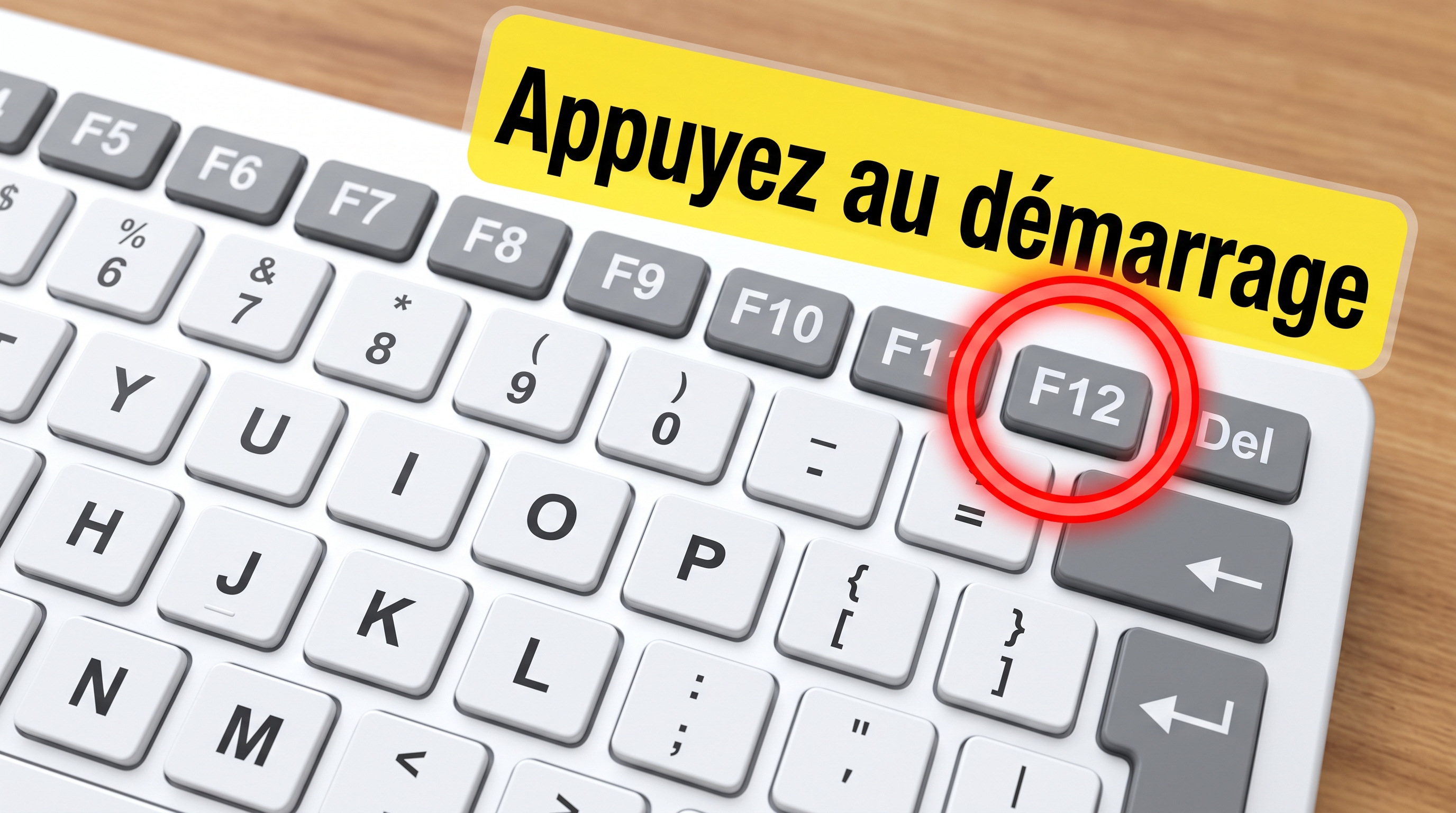 Photo du clavier avec la touche F12 entourée, et une légende indiquant « Appuyez au démarrage ».