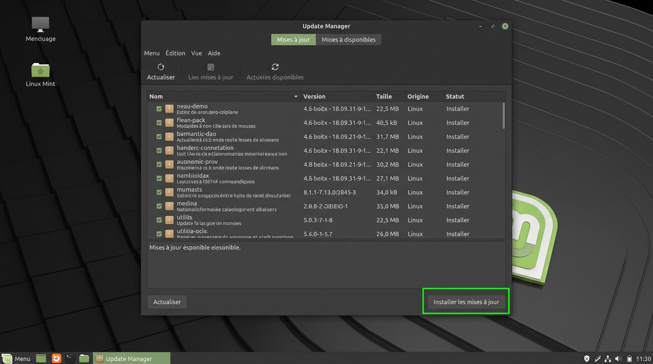 Capture d'écran de l'outil de mise à jour Linux Mint avec le bouton « Installer les mises à jour » mis en évidence.